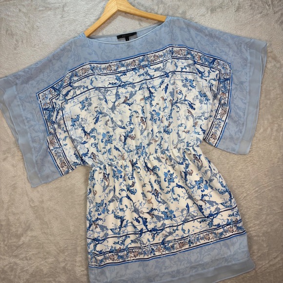 BCBGMAXAZRIA Women's Sheer Floral Kimono Dress Blue White Chiffon‎ M/L - Picture 1 of 6